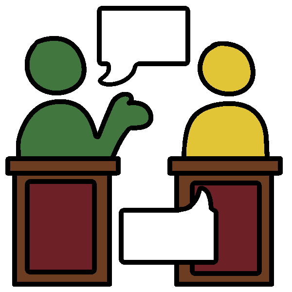 A drawing of two figures behing brown and red podiums. One green figure is holding up a hand with their palm up, the other is yellow. Both have blank speech bubbles coming from them. 